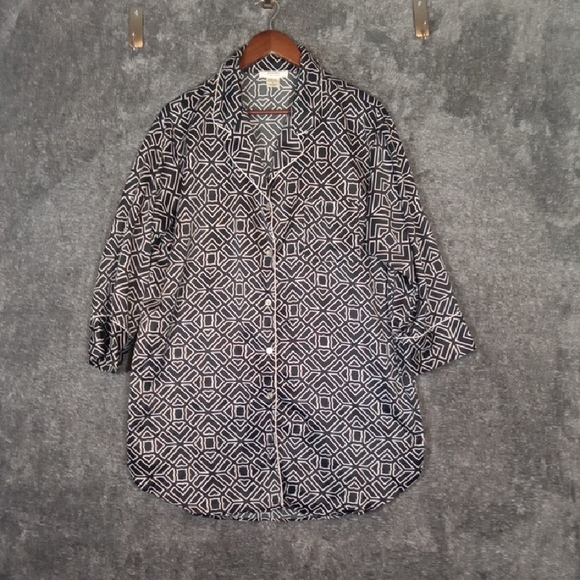 Natori Black and White Geometric Sleep Shirt Button Up Womens Medium - Picture 1 of 9